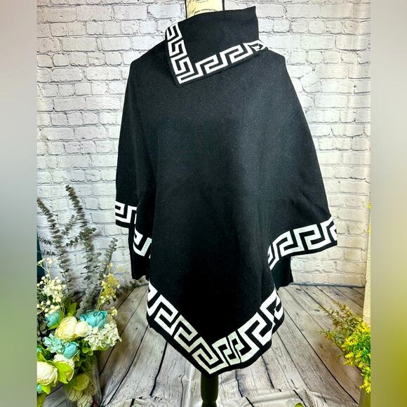 Vintage Loose Geometric Design Pullover Elegant Top Lapel Cowl Neck Cape - Black - Picture 5 of 8
